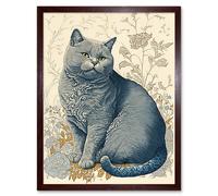 Artery8 William Morris Inspired Cat Portrait with Flowers Modern Illustration Art Print Framed Poster Wall Decor 12x16 inch