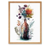Wall Art Print Wine Bottle with Wildflower Floral Spring Bouquet Art Framed Artery8 Light Oak W12 inch x H16 inch