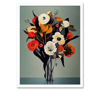 Wall Art Print Winter Flower Floral Bouquet Orange Navy Cream Modern Acrylic Paint Art Framed Artery8 White W12 inch x H16 inch