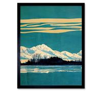 Wall Art Print Winter Lakeside Landscape With Snowy Mountains Duotone Teal Art Framed Artery8 Black W12 inch x H16 inch