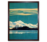 Wall Art Print Winter Lakeside Landscape With Snowy Mountains Duotone Teal Art Framed Artery8 Brown W12 inch x H16 inch