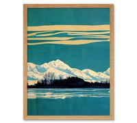 Wall Art Print Winter Lakeside Landscape With Snowy Mountains Duotone Teal Art Framed Artery8 Light Oak W12 inch x H16 inch
