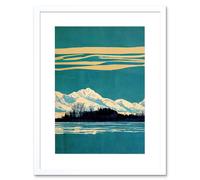 Wall Art Print Winter Lakeside Landscape With Snowy Mountains Duotone Teal Artwork Framed 9X7 Inch Artery8 White W7 inch x H9 inch