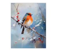Wall Art Print Winter Robin Bird on Tree Branch Oil Painting Poster Picture Artery8 Blue W24 inch x H32 inch