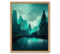 Wall Art Print Winter Teal New York Hudson River Cityscape Art Framed Artery8 Light Oak W12 inch x H16 inch