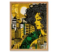 Wall Art Print Woman and Edinburgh Cityscape Yellow Green Linocut Art Framed Artery8 Light Oak W12 inch x H16 inch