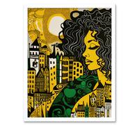 Wall Art Print Woman and Edinburgh Cityscape Yellow Green Linocut Art Framed Artery8 White W12 inch x H16 inch