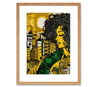 Wall Art Print Woman and Edinburgh Cityscape Yellow Green Linocut Artwork Framed 9X7 Inch Artery8 Beige W7 inch x H9 inch