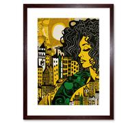 Wall Art Print Woman and Edinburgh Cityscape Yellow Green Linocut Artwork Framed 9X7 Inch Artery8 Brown W7 inch x H9 inch