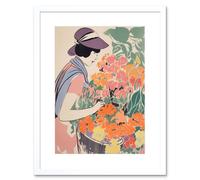 Wall Art Print Woman at the Flower Market Watercolour Spring Bouquet Danish Pastel Aesthetic Artwork Framed 9X7 Inch Artery8 White W7 inch x H9 inch