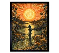 Wall Art Print Woman Bathing in Creek at Sunset Modern Linocut Art Framed Artery8 Black W12 inch x H16 inch