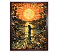 Wall Art Print Woman Bathing in Creek at Sunset Modern Linocut Art Framed Artery8 Brown W12 inch x H16 inch