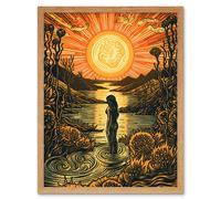Wall Art Print Woman Bathing in Creek at Sunset Modern Linocut Art Framed Artery8 Light Oak W12 inch x H16 inch