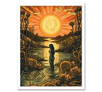 Wall Art Print Woman Bathing in Creek at Sunset Modern Linocut Art Framed Artery8 White W12 inch x H16 inch