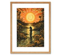 Wall Art Print Woman Bathing in Creek at Sunset Modern Linocut Artwork Framed 9X7 Inch Artery8 Beige W7 inch x H9 inch
