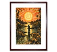 Wall Art Print Woman Bathing in Creek at Sunset Modern Linocut Artwork Framed 9X7 Inch Artery8 Brown W7 inch x H9 inch