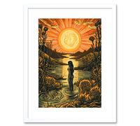 Wall Art Print Woman Bathing in Creek at Sunset Modern Linocut Artwork Framed 9X7 Inch Artery8 White W7 inch x H9 inch