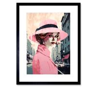 Wall Art Print Woman in Downtown Street Retro Fashion Pink Artwork Framed 9X7 Inch Artery8 Black W7 inch x H9 inch