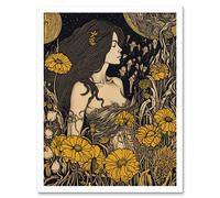 Wall Art Print Woman in Flower Field Midsummer Night Art Framed Artery8 White W12 inch x H16 inch