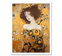 Wall Art Print Woman Portrait Gustav Klimt Style Oil Painting Gold Brown Artist Muse Art Nouveau Artwork Art Framed Artery8 White W12 inch x H16 inch