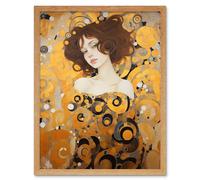Wall Art Print Woman Portrait Gustav Klimt Style Oil Painting Gold Brown Artist Muse Art Nouveau Artwork Art Framed Artery8 Light Oak W12 inch x H16 inch