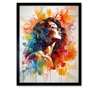 Wall Art Print Woman with Synesthesia Listening to Rainbow Colour Music Modern Watercolour Painting Art Framed Artery8 Black W12 inch x H16 inch