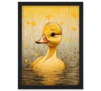 Wall Art Print Yellow Duckling Kids Bedroom Baby Nursery Calm Elegant Artwork Framed A4 Artery8 Black A4