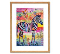 Wall Art Print Zebra Rainbow Floral Abstract Folk Artwork Framed 9X7 Inch Artery8 Beige W7 inch x H9 inch