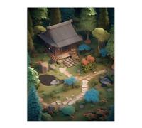 Wall Art Print Zen Garden Painting Birds-eye View of Shrubs and Ponds in Serene Japan Yard with Tea House Poster Artery8 Green W24 inch x H32 inch