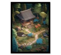 Wall Art Print Zen Garden Painting Birds-eye View of Shrubs and Ponds in Serene Japan Yard with Tea House Art Framed Artery8 Green W12 inch x H16 inch