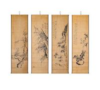 Wall Art Scroll Japanese Style Black Ink Painting Plant Zen Meditation Room | Large 4 Panel,Shikunshi Four Seasons ,Asian Decor, Paper Wooden Bar Frame for Home,Minimalism,CIFIBIFUN