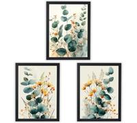 Wall Art Set of 3 - Eucalyptus & Wildflower Botanical Prints - Green and Golden Floral Wall Art - Small (A4) - Black Frame