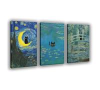 Wall Art Set of 3 - Waterlily Black Cat Canvas Paintings Prints, Starry Night Black Cat Canvas, Funny in Water Lilies Wall Art, Room Bedroom Living Room Bathroom Frame-style-1 12x18inch(30x45cm)