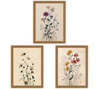 Wall Art Set of 3 - Wildflower Study Prints - Vintage Floral Botanical Wall Art - Small (A4) - Oak Frame