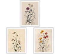 Wall Art Set of 3 - Wildflower Study Prints - Vintage Floral Botanical Wall Art - Small (A4) - White Frame