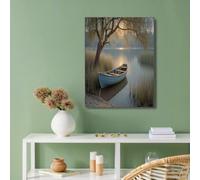Wall Art Small Boat Weeping Willows Pattern Lakeside Landscape Canvas Painting Unframed Prints Pictures Print on Canvas, Photo Wall Decor for Living Room Bedroom Bathroom 16x20in