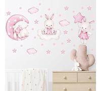 Wall Art Stickers Cartoon Pink Rabbit Moon Stars Wall Sticker Wall Murals Removable Self-Adhesive Decals Art for Bedrooms Living Rooms
