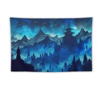 Wall Art Tapestry Anime Landscape Mountains Blue Japanese Samurai Tapestry Wall Hanging Backdrop Wall Decor for Bedroom Living Room Decor for Men And Woman 40"x60"
