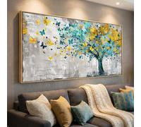 Wall Art Tree of Life Wall Decor Abstract Graffiti Teal Blue and Yellow Butterflies Canvas Painting for Bedroom Living Room Dining Room Home Office Decor 20"x40" with Framed