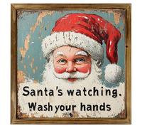 Wall Art - Vintage Christmas Print, Santa Claus Decor, Wash Your Hands Slogan, Authentic Wood Frame, Seasonal Artwork Design, Easy Placement Feature, Perfect for Washroom Display