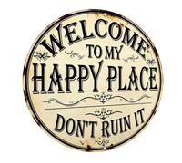 Wall Art Welcome to My Happy Place,Home Bar Accessories,8x8 Inch Fun Vintage-style Metal Plaque,Stylish Wall Decor,Suitable for Exterior Walls,Cafes,Bars,Courtyards,Door Decorations,Clubs,Patios,Rooms