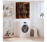 Wall Cabinet Smoked Oak Engineered Wood 69.5x34x90 cm Glass Doors Gold Handles