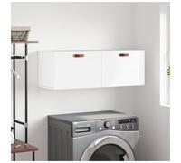 Wall Cabinet White 100x36.5x35cm Engineered Wood 2-Shelf Leather Pull Handles UK