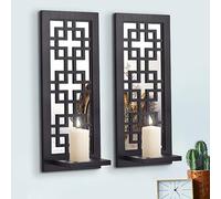 Wall Candle Sconces with Mirror Set of 2, Decorative Wooden Candle Holder, Rustic Candle Sconce, Black Living Room Wall Decoration