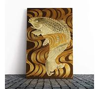 Wall Carp Swimming Upstream Japanese Oriental Art Canvas Print | Gallery Wrapped 30mm Frame Wall Art | 24x16 inches | Ready to Hang | Asian Picture | Living Room Bedroom Lounge Office