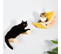 Wall Cat Bed Moon Hammock Wall Mounted Shelf with 2 Steps Climbing Sheves and Sisal Platforms Rope Scratching Post Wood Wall Furniture Bridge Ladder Wooden Indoor Cats Wall Bed-Moon Set