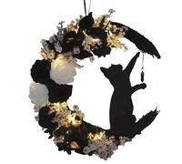 Wall Cat Wreath - PP Moon Wreath Halloween Door Decor | Long Lasting Light Up Moon Flower Cat, Reusable Halloween Cat Wreath, Outdoor Seasonal Decoration for Front Porch, Display Shelves
