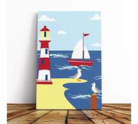 Wall Childrens Lighthouse and Sailboat Art Canvas Print | Gallery Wrapped 30mm Frame Wall Art | 24x16 inches | Ready to Hang | Coastal Seascape Picture | Living Room Bedroom Lounge Office