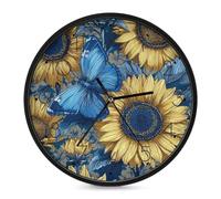 Wall Clock 10 Inch Non-Ticking Silent Modern Simple Style Round Decor Clocks Sunflower Blue Butterfly Clock Decorative Battery Operated Wall Clocks for Home Office Living Room Bedroom Kitchen