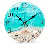 Wall Clock, 10" Round Decorative Acrylic Beach Coastal Outdoor Clock with Quiet Movement for Indoor Outdoor Patio Pool Garden Home, Light Blue, Pool Decor